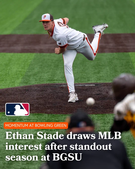A baseball player in a Bowling Green State University uniform pitches on a baseball field. Text on the image reads, "Momentum at Bowling Green: Ethan Stade draws MLB interest after standout season at BGSU." The MLB logo is visible.