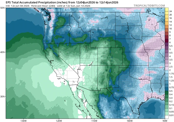 Map plot of Western U.S. accumulated precipitation showing 1-2 inches of accumulation in the PacNW and less than 0.5 inches over the next 10 days over far northern CA, as predicted by ECMWF ensemble.
