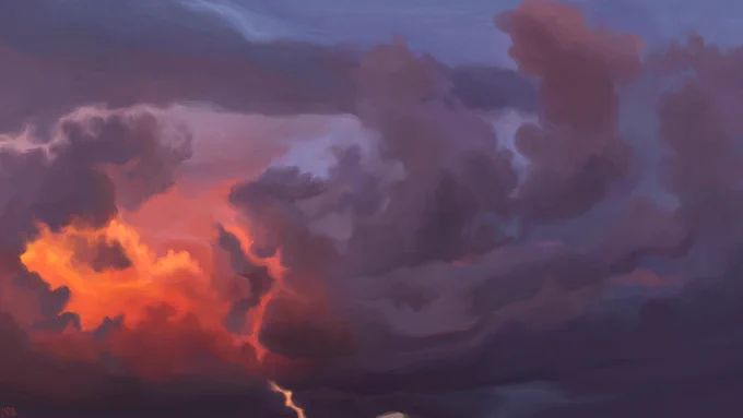 Digital painting of a sunrise or sunset sky, dark purple and blue clouds rising around a bright orange blaze on the left-hand side of the frame.