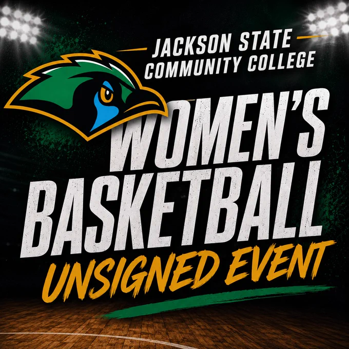 Jackson State Community College women's basketball unsigned event announcement with team logo and spotlighted court background.