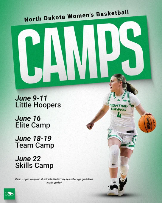 Poster for North Dakota Women's Basketball camps. The word "CAMPS" is prominent. Dates and types are listed: June 9-11 for Little Hoopers, June 16 for Elite Camp, June 18-19 for Team Camp, and June 22 for Skills Camp. Features a person holding a basketball, wearing a "Fighting Hawks" jersey. The bottom notes the camp is open to all entrants.