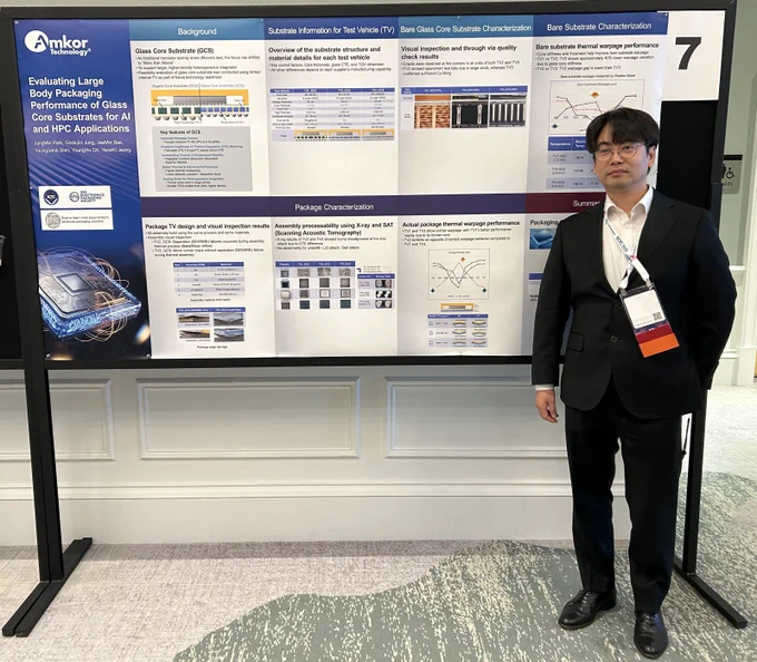 A person in formal attire stands next to a large poster display titled "Evaluating Large Body Packaging Performance of Glass Core Substrates for AI and HPC Applications" by Amkor Technology. The display includes graphs, charts, and detailed textual information about substrate and package characterization. The setting is at ECTC 2026. 