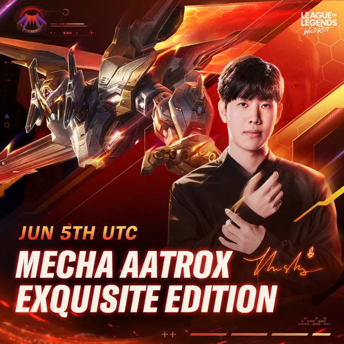 Poster announcing the Mecha Aatrox Exquisite Edition in collaboration with Theshy on June 5th UTC.
