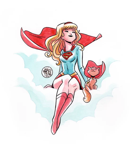 Watercolor fanart of Supergirl (and Streaky) sitting in the clouds. They both look like they are having a lovely day. Hoping the same for you!
