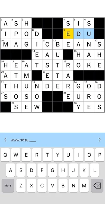 A digital crossword puzzle is displayed on a mobile device. Some words in the puzzle include "EDU," "MAGIC BEANS," "THUNDER GOD," and "HEATSTROKE." A text input field at the bottom shows "www.sdsu." and a blank space indicated by underscores.