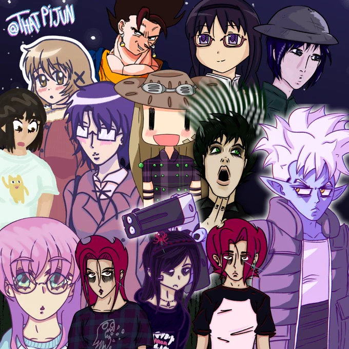 Hitori Gotoh, Sangre (fem, OC), Homura Akemi (emo style), Sangre (OC), Glorio, Fuuka Ayase, Sae, Gyro Zeppeli (wide style), Billie Joe Armstrong, Yuno, Vegito, Homura Akemi, and Chito, on a starry night sky, in a collage of a bunch of art i've made