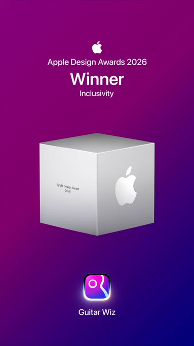 Apple Design Awards 2026 winner graphic for the Inclusivity category, featuring a silver Apple Design Award cube above the Guitar Wiz app icon and name on a purple-to-blue gradient background.