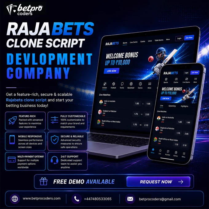 Rajabets Clone Script platform for sports betting website development featuring real-time betting odds, sportsbook UI design, mobile betting experience, and secure betting software architecture.