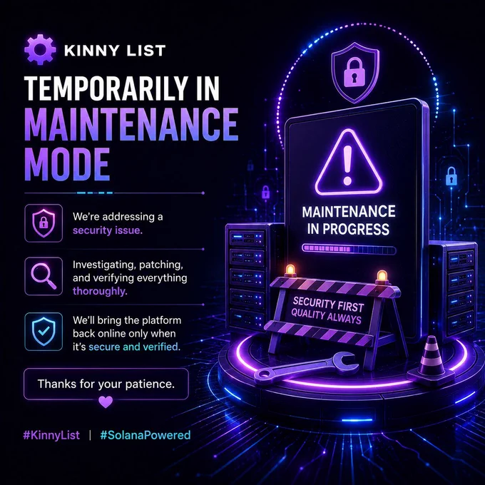 Futuristic digital security network protected by a glowing shield while maintenance systems reinforce critical infrastructure, symbolizing proactive security improvements, platform reliability, and ongoing protection within the Kinny List ecosystem.