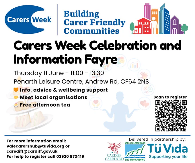 Carers Week Celebration and Information Fayre event poster. Free info, advice, and afternoon tea.
