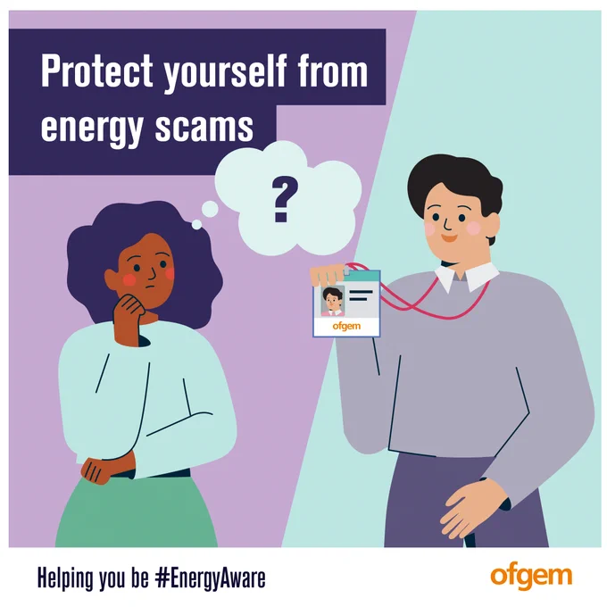 Illustration warning to protect yourself from energy scams with a person showing an Ofgem ID badge and another person thinking with a question mark.