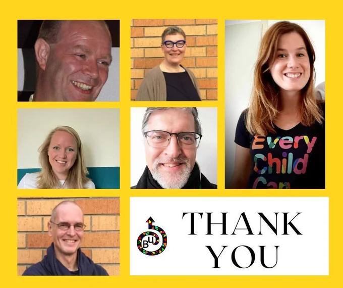 Collage of smiling individuals showcasing 'Every Child Can Learn' shirts against a bright yellow background, expressing gratitude.