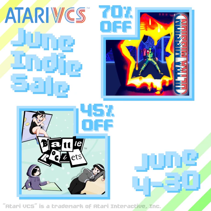 Advertisement for the June Indie Sale, occurring from June 4 to June 30, 2026 on the Atari VCS game console; the video games "Ultra Mission" and "Battle Rockets" are listed for a discount of 70% off and 45% off, respectively