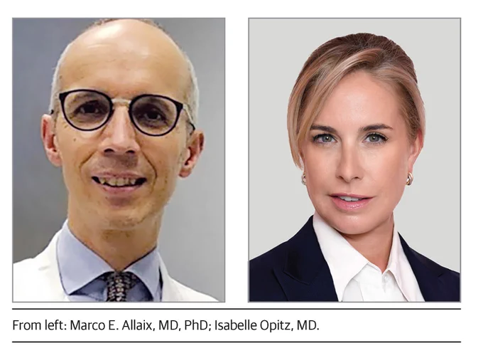 Headshots of two doctors. On left, a smiling bald man with glasses, wearing a lab coat. On right, a woman with blonde hair, wearing a dark suit jacket. Text below reads: 'From left: Marco E. Allaix, MD, PhD; Isabelle Opitz, MD.'