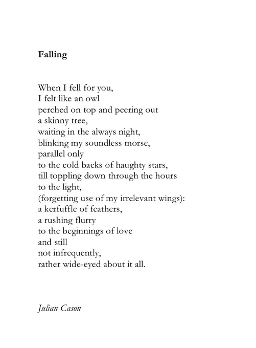 Falling


When I fell for you,
I felt like an owl
perched on top and peering out
a skinny tree,
waiting in the always night, 
blinking my soundless morse, 
parallel only 
to the cold backs of haughty stars,
till toppling down through the hours
to the light,
(forgetting use of my irrelevant wings):
a kerfuffle of feathers,
a rushing flurry 
to the beginnings of love
and still
not infrequently, 
rather wide-eyed about it all.



Julian Cason