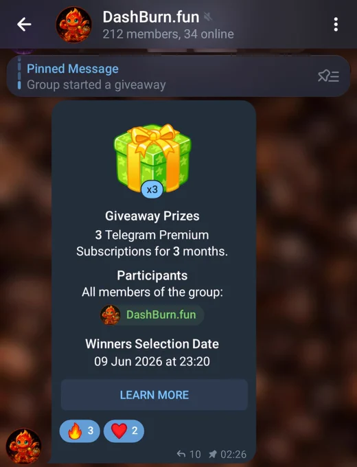 About this giveaway

This giveaway is sponsored by the admins of DashBurn.fun, who acquired 3 Telegram Premium subscriptions for 3 months for its members.

On June 09, Telegram will automatically select 3 random users that joined DashBurn.fun