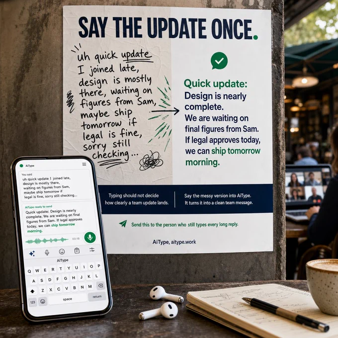 A smartphone on a cafe table shows the AiType keyboard turning a messy handwritten note into a clean, confident team message. The blurred video call in the background contrasts rough spoken words with polished text. The headline says 'Say The Update Once.'