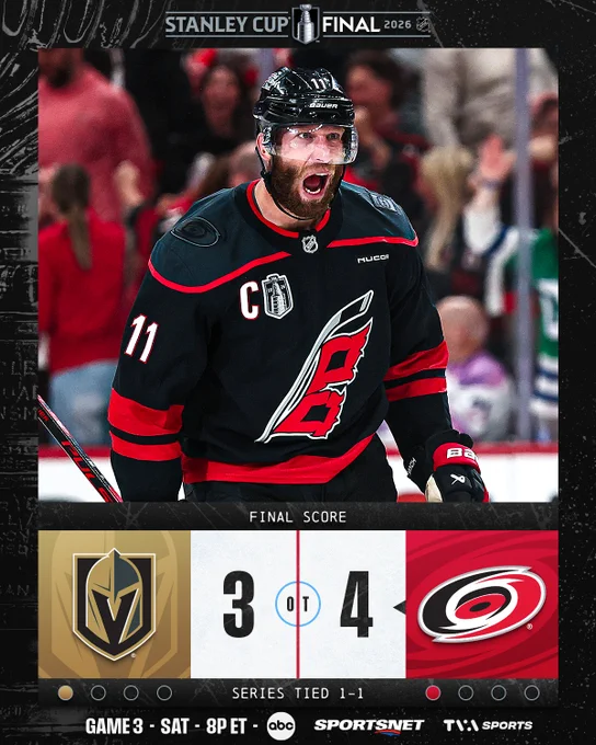 Final Score: Hurricanes defeat Golden Knights 4-3 in OT (Series tied 1-1)