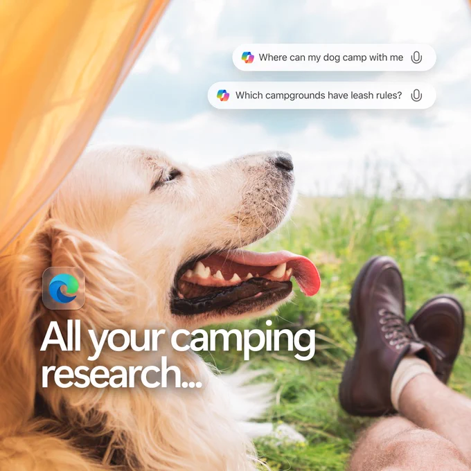 Golden retriever lying in grass beside a tent with paws of a person in boots nearby, overlaid with Copilot prompts about dog-friendly campgrounds and text reading “All your camping research…”