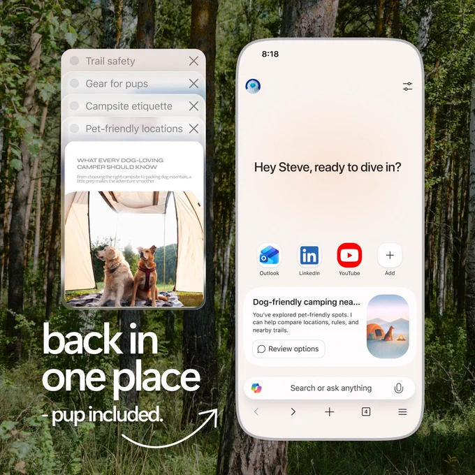 Mobile Copilot interface showing saved dog‑friendly camping tabs and suggestions in a forest setting, with text “back in one place – pup included.”