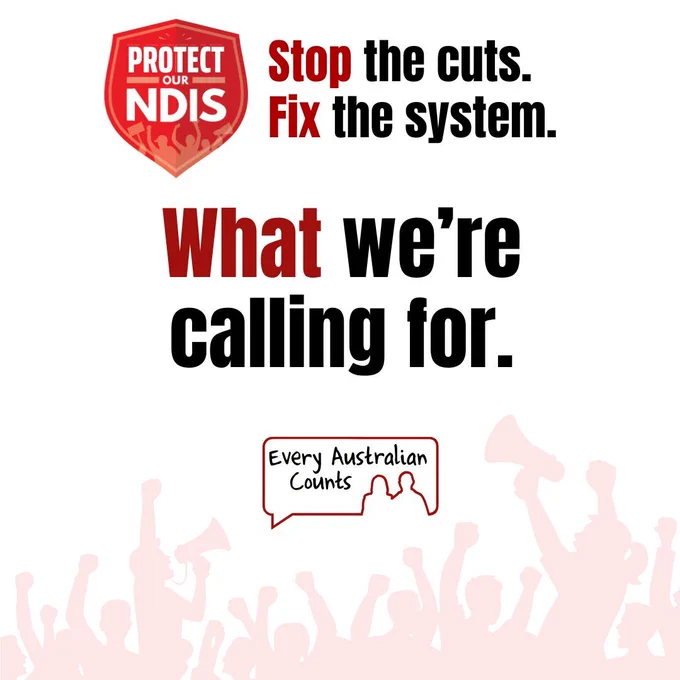 Graphic with the Protect Our NDIS shield logo beside the text “Stop the cuts. Fix the system.” Large bold text in the centre reads “What we’re calling for.” Every Australian Counts logo appears above a faded crowd of people holding signs and raising fists.