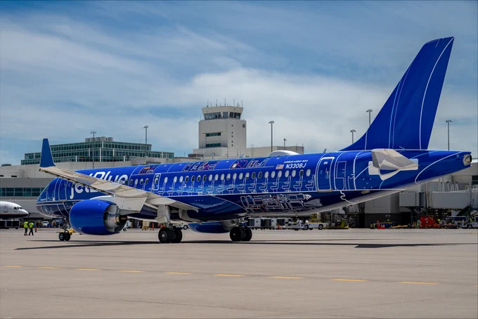 JetBlue Blueprint II livery parks at DEN.