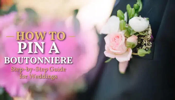 Close-up of a pink and white rose boutonniere pinned on a groom's dark suit jacket, showing how to pin a boutonniere step by step for weddings.