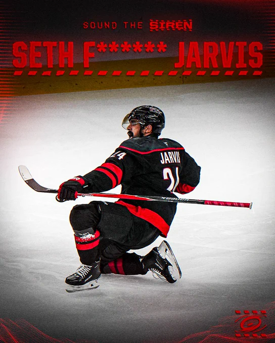 Graphic with a photo of Seth Jarvis celebrating after his goal with the words "Seth F****** Jarvis" above it 