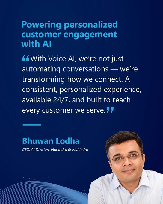 A quote from Bhuwan Lodha, CEO of AI Division, Mahindra & Mahindra, discussing personalized customer engagement with AI. Text highlights the transformative impact of Voice AI on customer connections.