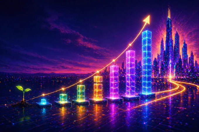 Futuristic digital illustration showing gradual growth from a small seedling to towering neon data structures with an upward trajectory, symbolizing compounding progress and long-term scalability for Kinny List, a Solana-powered Web3 marketplace focused on sustainable crypto growth and real-world adoption.