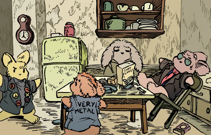 Bunnies are characters from "The Young Ones", in a dilapidated and dirty shared home. The four bunnies fall loosely into 80's university archetypes, such as a punk and a campus socialist, and are arguing with each other.