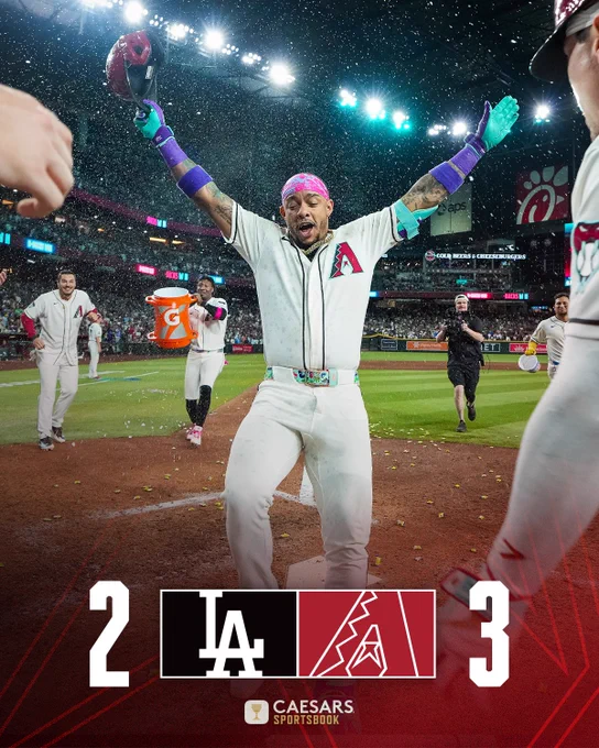 Dodgers (logo) - 2
Diamondbacks (logo) - 3

The graphic features a photo of Ketel Marte jumping and celebrating after hitting a walk-off home run. He is wearing a white Diamondbacks uniform.

Caesars Sportsbook (logo)