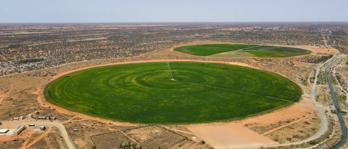 These green circles mark large-scale center-pivot irrigation projects transforming arid land into productive farmland. Backed by infrastructure investment and water access from dams like Foum Gleita, these irrigation systems are a cornerstone of Mauritania’s agricultural modernization. Photo: APIM