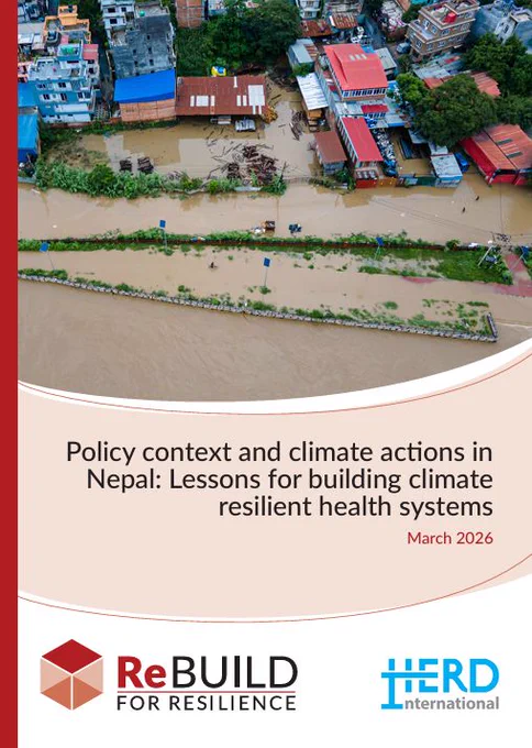 The cover of the brief showing a flooded urban area with red and blue roofs and the words 'Policy context and climate actions in Nepal: Lessons for building climate resilient health systems'