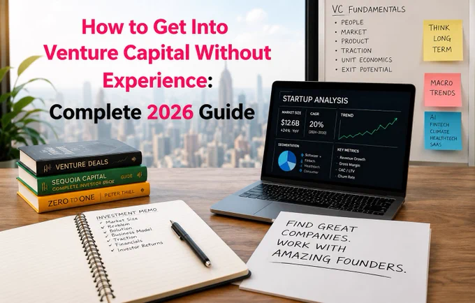 "A modern office workspace featuring a desk with a laptop displaying startup analysis charts, a notebook labeled 'Investment Memo,' and a paper with the text 'Find great companies. Work with amazing founders.' Stack of venture capital books and a whiteboard with VC fundamentals notes are visible. The background shows a blurred city skyline. The image is a visual guide for 'How to Get Into Venture Capital Without Experience: Complete 2026 Guide.'"