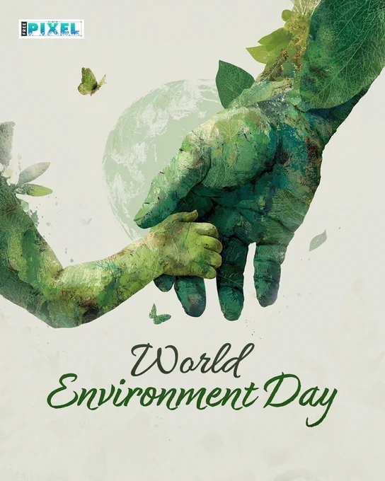 Illustration of a child holding an adult’s hand formed with green leaves and nature textures, symbolizing environmental protection, sustainability, and care for the planet on World Environment Day.