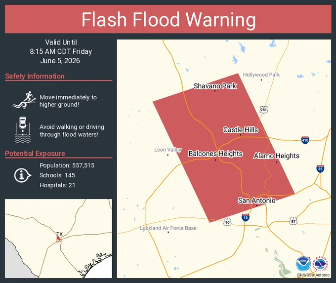 This graphic displays a flash flood warning plotted on a map. The warning is in effect until 8:15 AM CDT. The warning includes San Antonio TX, Alamo Heights TX and Castle Hills TX.  This warning is for Central Bexar County in south central Texas. Avoid walking or driving through flood waters! Move immediately to higher ground! There are 557,515 people in the warning along with 145 schools and 21 hospitals.