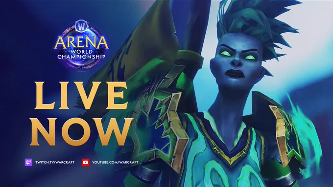 An image thumbnail promoting a broadcast for the Arena World Championship.

Bold and bright golden text proclaims "Live Now" - centered vertically on the left side of the image. A modified version of the Arena World Championship logo, themed after Season 1 of Midnight, appears above the text. Finally, links to the Twitch and YouTube channels are listed below the text.

In the background, the scorned face of an armored forsaken woman is visible. The woman is adorned with a mix of dark blue and bright turquoise armor radiating a similarly-colored glow. Spiky tufts of hair shoot up from the character's scalp, swept coolly to the side in a style reminiscent of a grown-out mohawk.