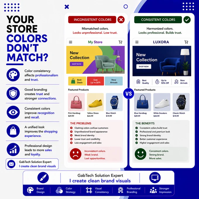 YOUR STORE COLORS DON’T MATCH

Color consistency affects professionalism and trust.
Good branding starts with design.
📩 GabTech Solution Expert 
 I create clean brand visuals

#BrandColors #EcommerceBranding #ShopifyDesign #DropshippingBusiness #GabTechSolution #GraphicDesign #BusinessBranding #DigitalMarketing