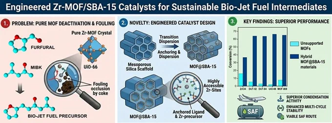 Zr-based metal-organic frameworks and SBA-15 silica support: a synergistic approach for bio-jet fuel precursors production