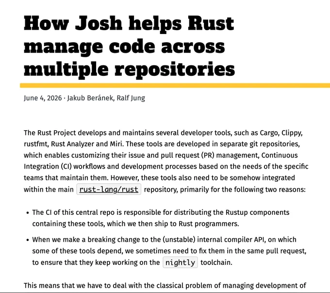 Image: JUST IN: How Josh helps Rust manage code across multiple repositories 

>> Rust uses Josh, a fast Rust-based git tool, to efficiently sync code between the main rust-lang/rust repo and separate tool repositories like Miri and Rust Analyzer. 


#rustlang #rust 