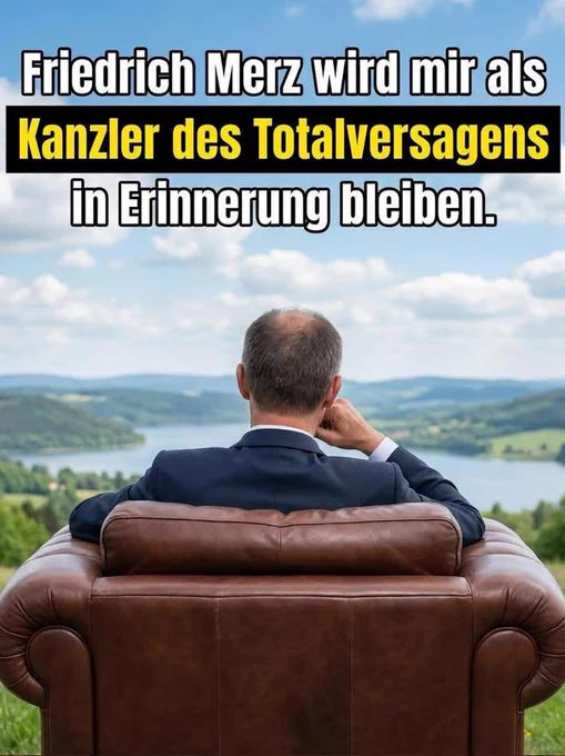Merz auf einem Ledersessel mit Blick über einen See. Text: "Friedrich Merz wird mir als Kanzler des Totalversagens in Erinnerung bleiben." 