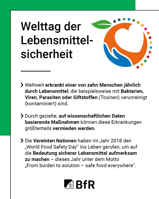 Weltweit erkrankt einer von zehn Menschen jährlich durch Lebensmittel, die beispielsweise mit Bakterien, Viren, Parasiten oder Giftstoffen (Toxinen) verunreinigt (kontaminiert) sind. Durch gezielte, auf wissenschaftlichen Daten basierende Maßnahmen können diese Erkrankungen größtenteils vermieden werden. Die Vereinten Nationen haben im Jahr 2018 den „World Food Safety Day“ ins Leben gerufen, um auf die Bedeutung sicherer Lebensmittel aufmerksam zu machen – dieses Jahr unter dem Motto „From burden to solution – safe food everywhere“.
