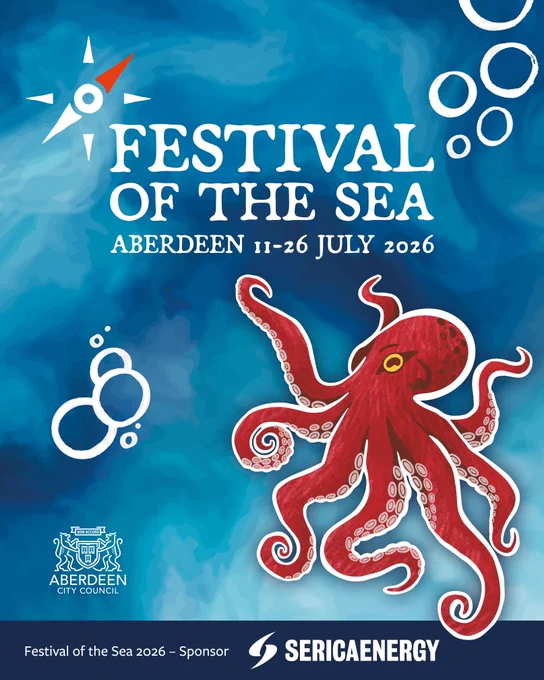 Poster for Aberdeen's Festival of the Sea, featuring a red octopus and event details.