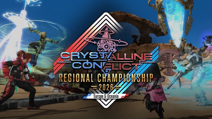 Une bannière avec le logo du Crystalline Conflict Regional Championship 2026 d'Europe et Océanie au centre. Derrière on voit plusieurs personnages se battre dans une arène avec du sable, des roches ocres, un cristal bleu qui flotte au dessus du sol ainsi qu'une sorte de grand cactus élancé qui brille en blanc.
