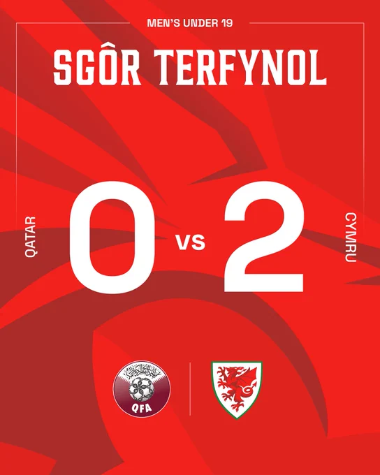 Full time graphic detailing Qatar MU19 0-2 Cymru MU19.