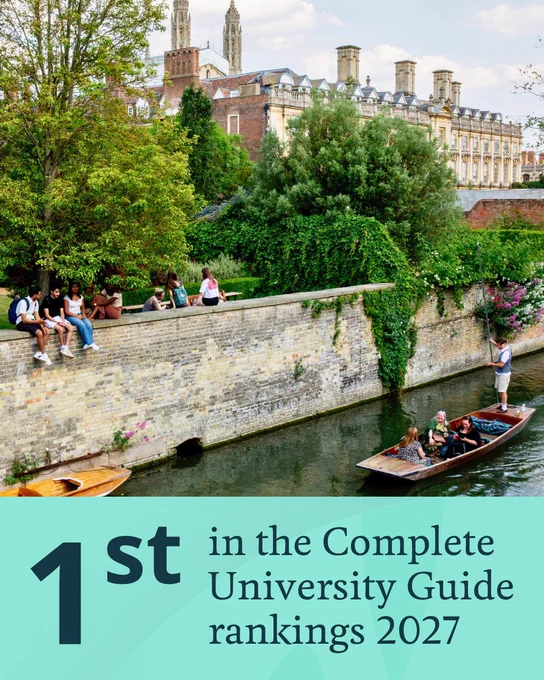 A scenic view of people enjoying a sunny day by the River Cam in Cambridge. Some are seated on a stone wall, while others are punting on the river. In the background, the historic architecture of Cambridge University is visible. Text reads: "1st in the Complete University Guide rankings 2027".