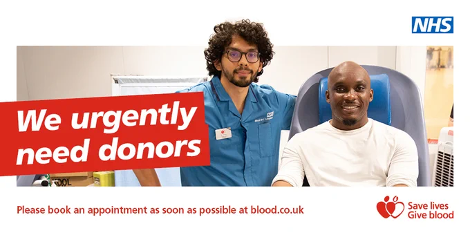 A nurse and a blood donor look forward and smile. Text reads: We urgently need donors. Please book an appointment as soon as possible at blood.co.uk.