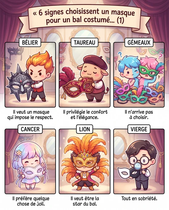 Illustration kawaii chibi des signes du zodiaque choisissant un masque pour un bal costumé (partie 1) : Bélier avec masque imposant et flamboyant, Taureau avec masque élégant et confortable, Gémeaux avec plusieurs masques colorés, Cancer avec un masque joli et délicat, Lion avec un masque spectaculaire de star, Vierge avec un masque sobre et précis – ambiance festive et glamour avec rideaux, miroirs et décor de bal, style cartoon mignon.