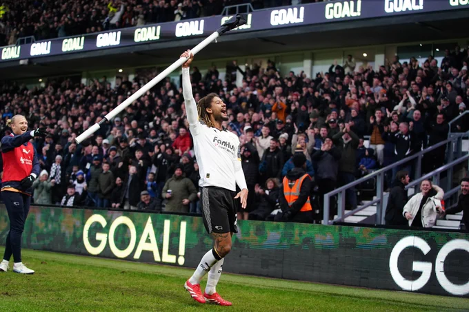 Dion Sanderson celebrates his first Derby County goal, scored against Watford at Pride Park Stadium.